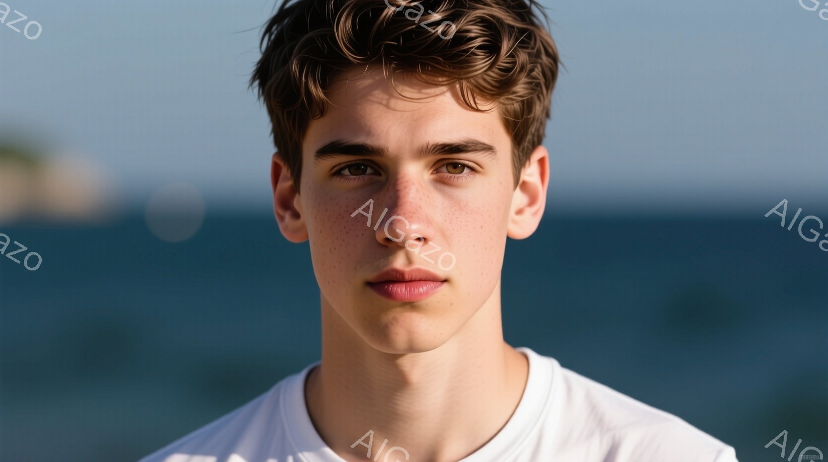 若い男性が正面を向いて写っている。彼は白いTシャツを着ており、顔には多くのそばかすがあり、茶色の巻き毛の髪型をしている。背景には青い海とぼやけた緑の風景が見え、明るく自然な雰囲気を作り出している。