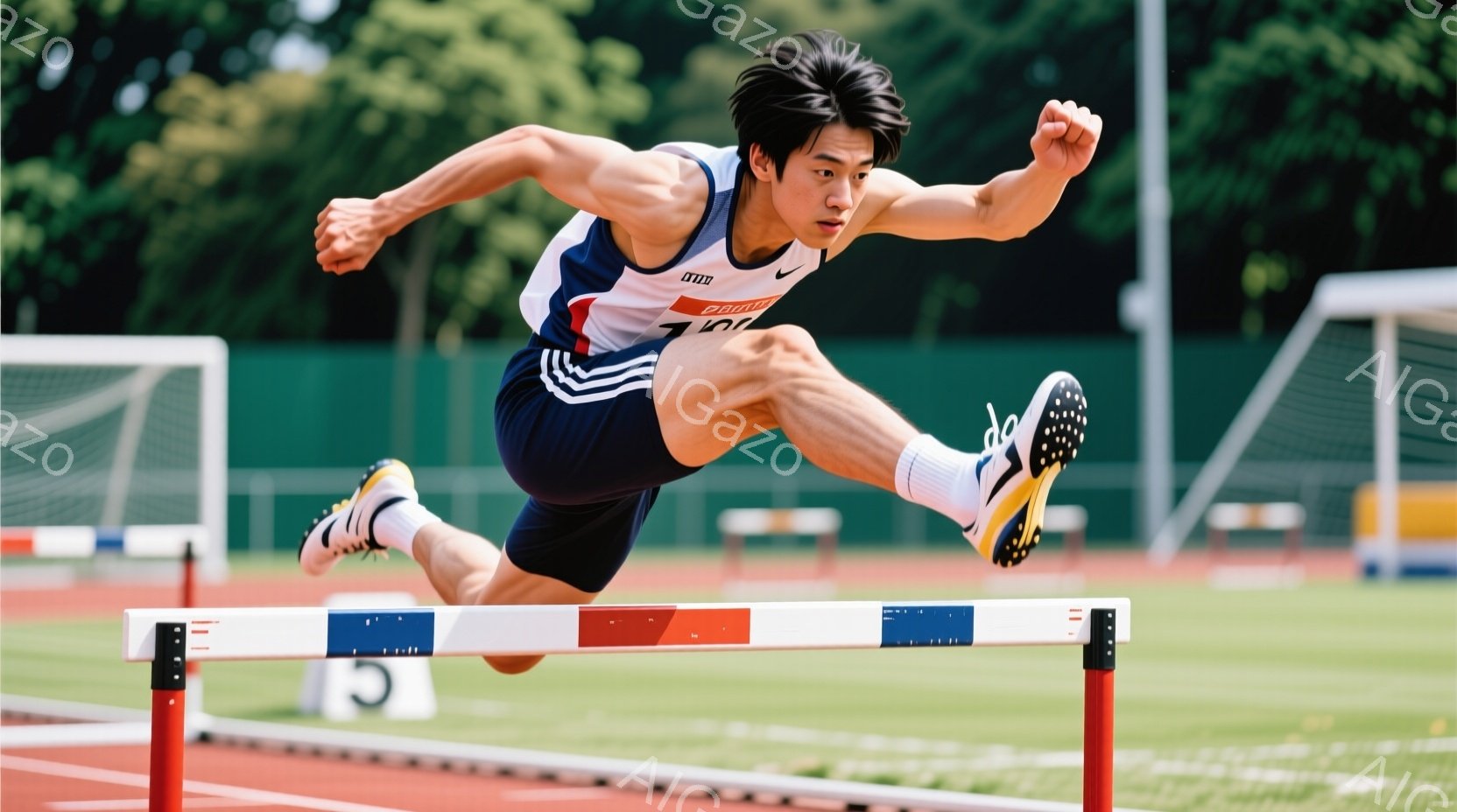 競技者は、鮮やかな青と赤のラインが入った白い陸上競技用のユニフォームを着用し、黒髪を短く整えています。彼はハードルを飛び越える瞬間で、体が大きく前に傾き、両腕を広げてバランスを取っています。背景には緑 - AI生成フリー素材