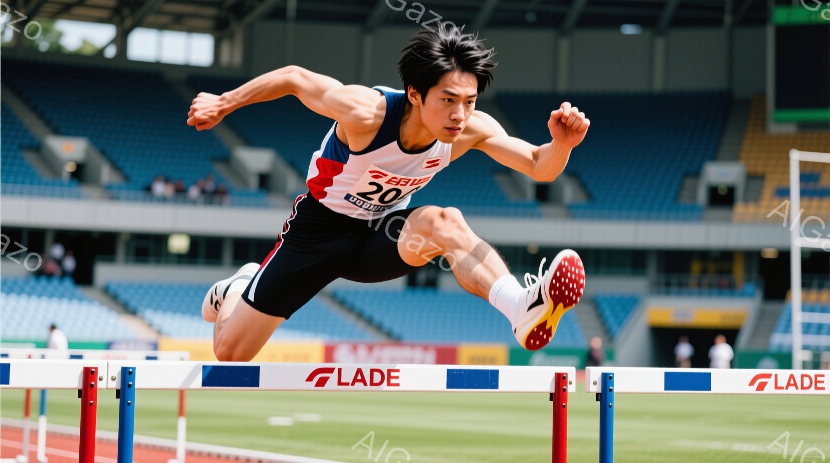 競技場を舞台に、黒髪で引き締まった表情の若い男性がハードルを飛び越える瞬間が捉えられています。彼は黒と赤のスポーティなユニフォームを着用し、集中力と躍動感に満ちた姿勢で、競技に挑んでいます。背景には観客席と建物が見え、晴天の下、活気のある競技場の雰囲気が伝わってきます。