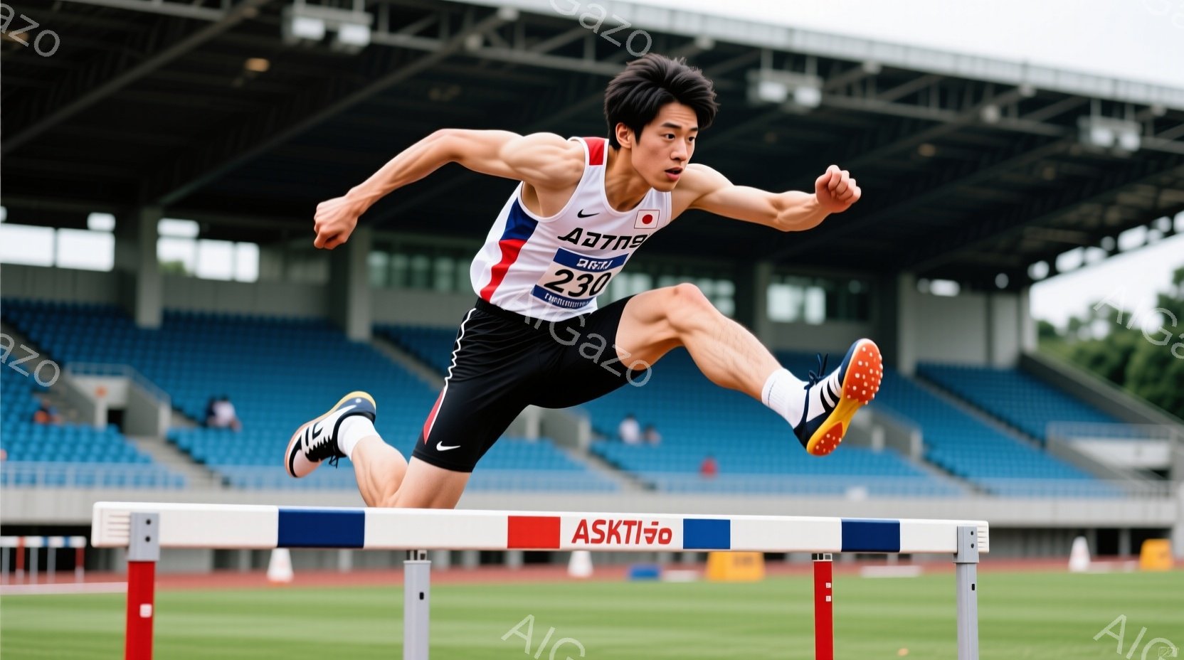 男選手は、青い陸上トラックでハードルを飛び越えています。黒髪で、黒いユニフォームに赤い帯、そして数字「230」が書かれています。背景には青い観客席と緑の木々が見え、晴天の下で運動競技が行われている様子が伝わってきます。