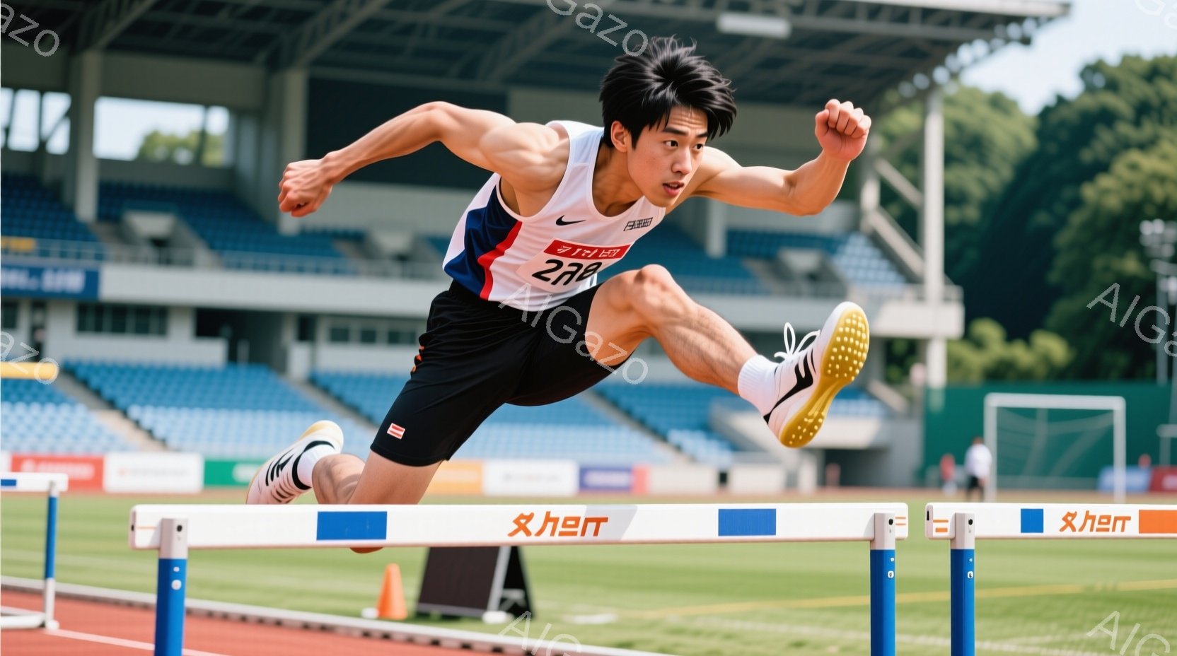 競技場を疾走する陸上選手の姿が捉えられています。黒髪で引き締まった表情の選手は、黒と白のユニフォーム、そして鮮やかなオレンジ色のスパイクを着用し、ハードルを軽々と飛び越えようとしています。背景には観客 - AI生成フリー素材