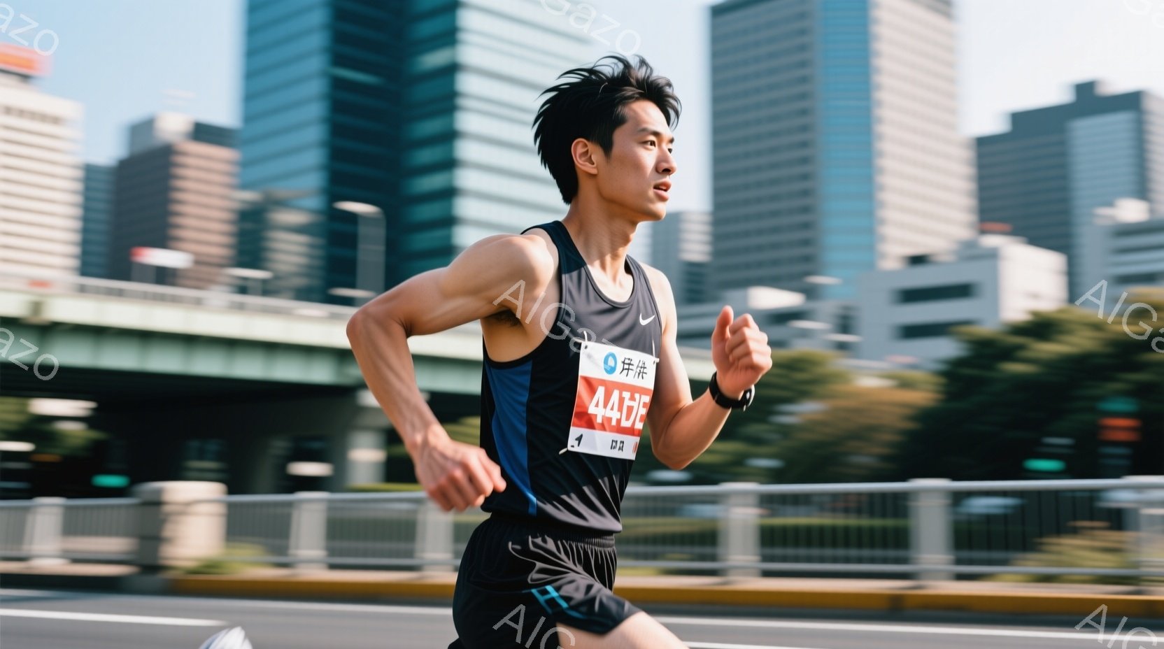 男性のランナーが街中を走っている様子が捉えられています。黒いタンクトップとショーツ姿で、背中には「44DE」と書かれたゼッケンをつけており、真剣な表情で前を見据えています。背景には高層ビル群が立ち並び、晴天の下、活気ある都市の雰囲気が伝わってきます。