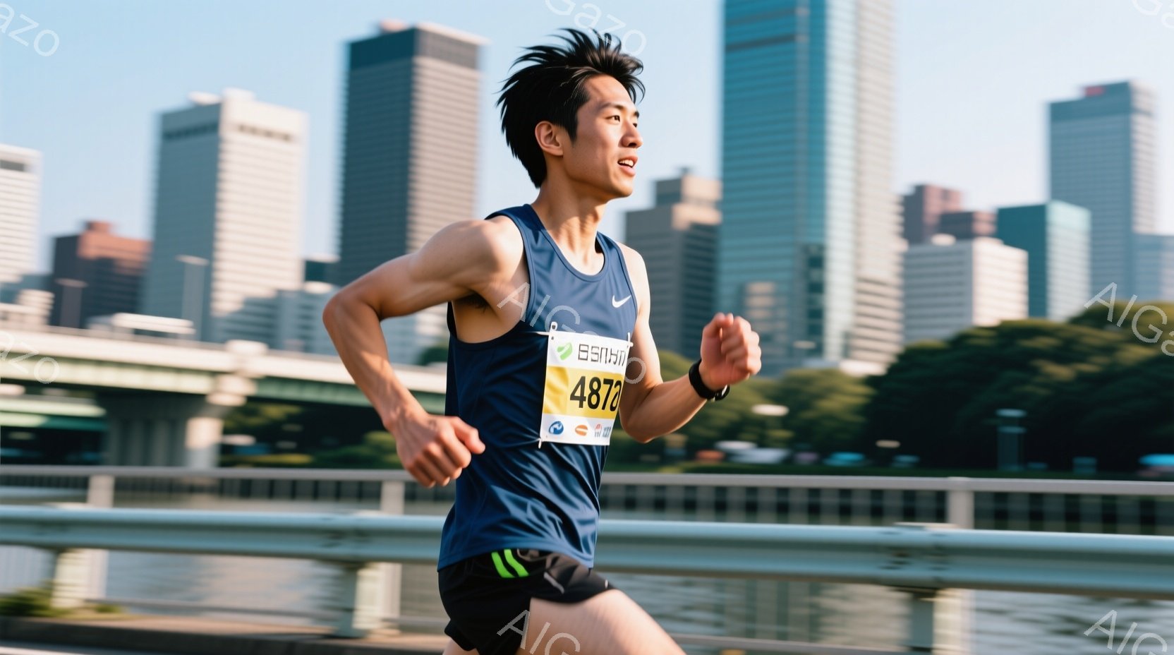マラソンランナーが橋の上を走っている様子が写っています。彼は濃い青色のタンクトップと黒いショーツを着用し、髪は短く、表情は真剣で集中しています。背景には高層ビル群と緑豊かな自然が広がり、晴天の下、活気ある競技の雰囲気が伝わってきます。