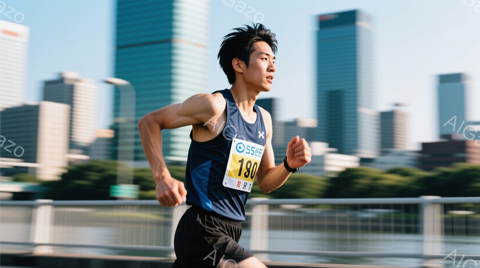 紺色のランニングシャツと黒いショートパンツを着用した男性が、競争中であるかのように走り続けている。彼は前傾姿勢で、顔には集中と努力の表情が見られ、髪は短く整えられている。背景には近代的な高層ビル群と水面が広がり、晴天の下、活気ある都市の風景が広がっている。