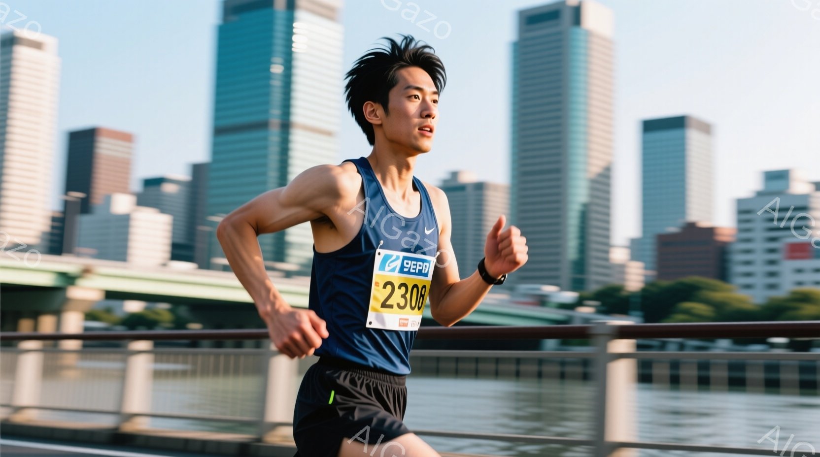 紺色のタンクトップと黒いショートパンツ姿の男性が、橋の上を走っている。彼は真剣な表情で前を見据え、スポーティーな姿勢で力強く走り続けている。背景には高層ビル群と穏やかな水面が広がり、晴天の下、活気ある都市でのマラソン大会の一場面を切り取った写真である。