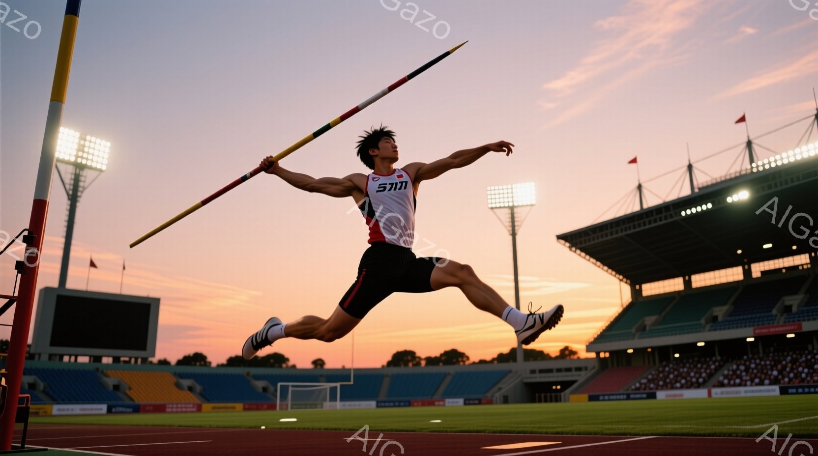 競技場内で、陸上競技の選手が槍投げの最中に空中で躍動している様子が捉えられています。彼は黒と赤の陸上着を身に着け、短髪で、集中した表情で槍を力強く投げようとしています。背景には、夕焼け空の下、観客席が広がり、競技場の照明が点灯し始めており、活気に満ちた競技の瞬間を切り取っています。
