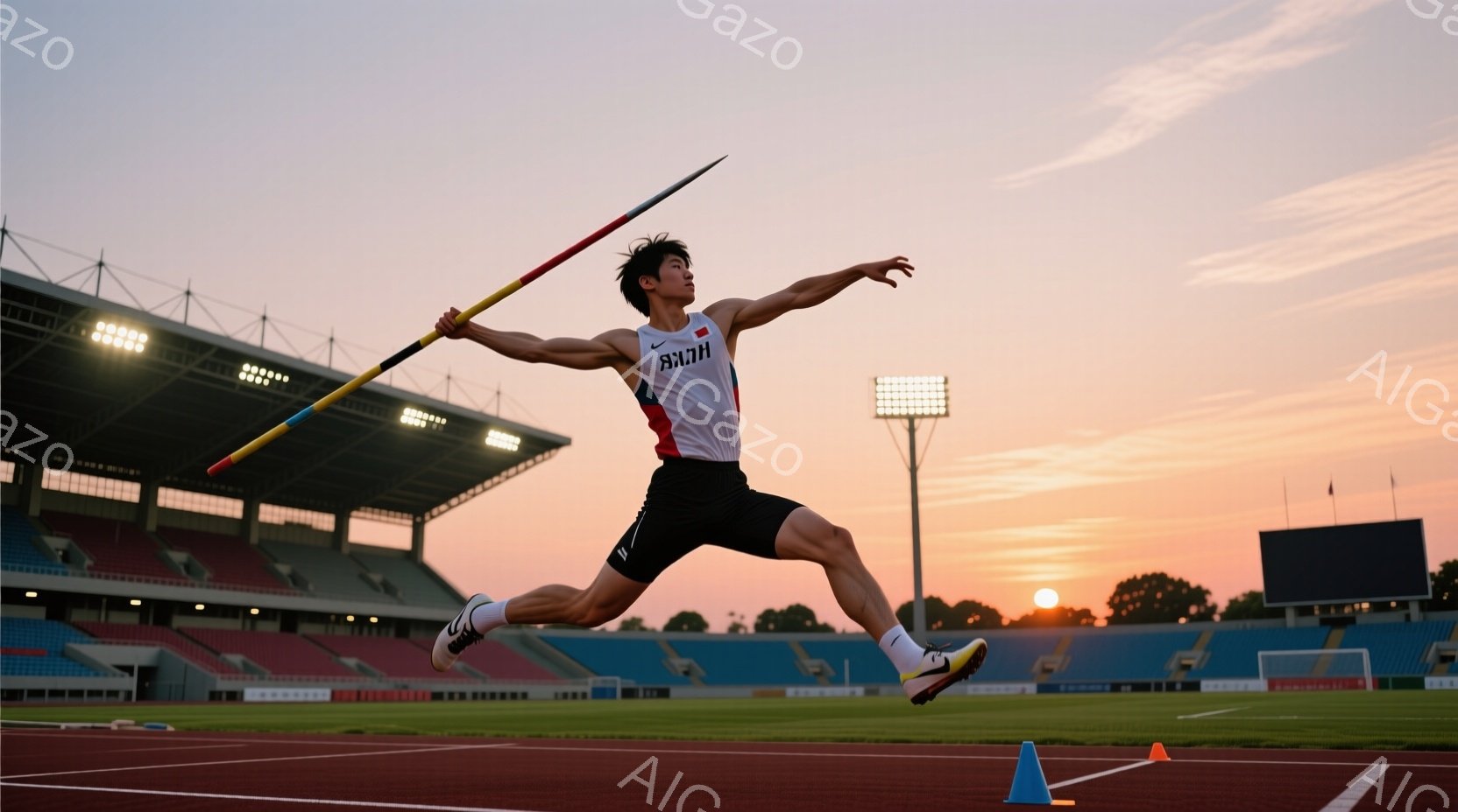 男性は飛び上がり、赤土のトラックでジャンプし、オリンピックのような大会で陸上競技を行っていることが分かる。彼は白と黒のユニフォームを着ており、予算を計画するために懸命にスタートしようとしている。 空は淡いオレンジ色で、太陽が西の方にあることが示されている。 観客席やイルミネーションの照明から、このイベントは夜間に開催されていることが分かります。