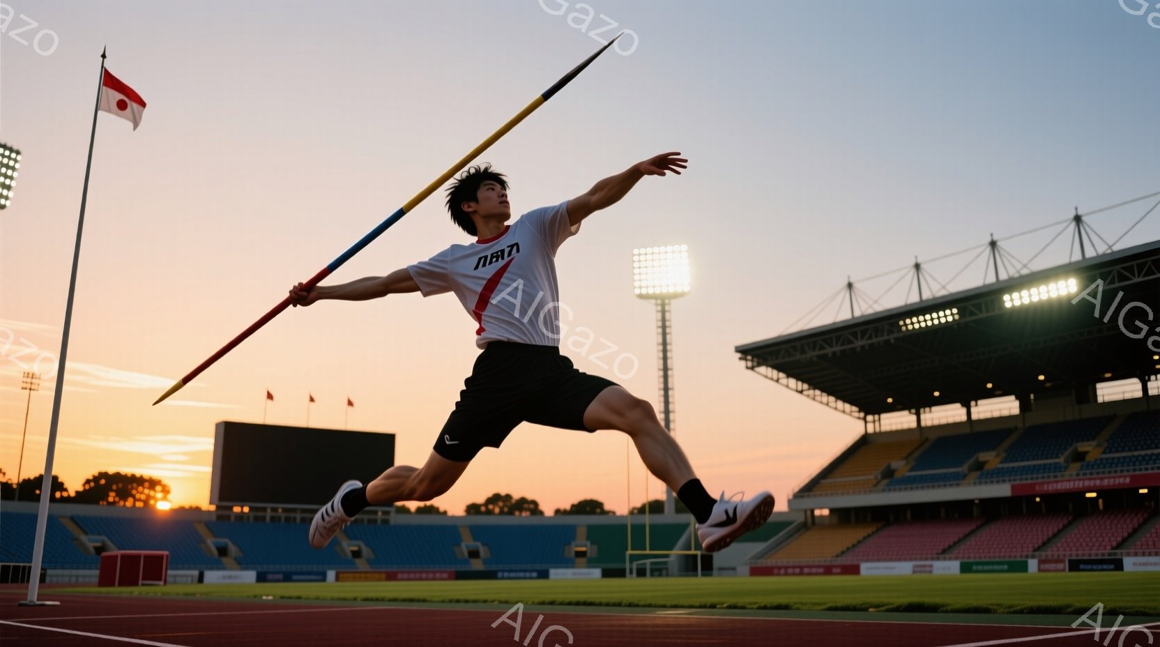 競技場内で、陸上競技の選手が槍投げの最中に空中でポーズをとっています。黒の髪で、白いシャツに黒いショーツ姿で、集中した表情で右手に槍を持っています。背景には夕焼け空と観客席が見え、競技場の緑と空のオレンジ色が印象的な、躍動感あふれる瞬間を捉えた写真です。