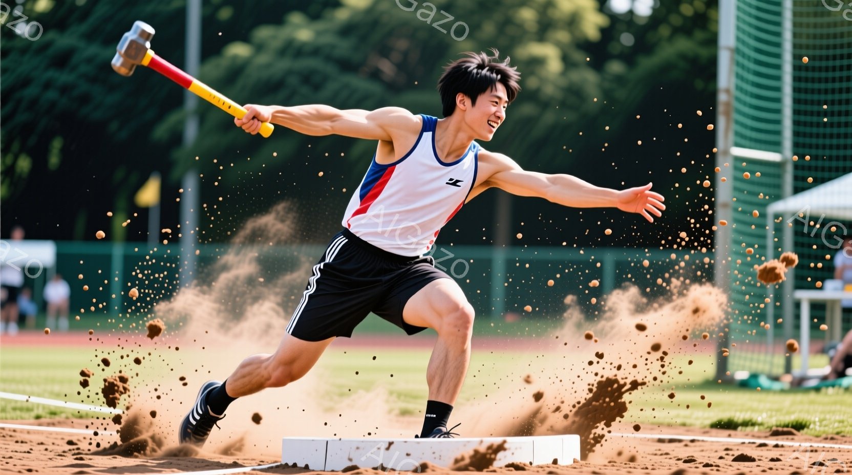 ハンマー投げ競技者が、競技場の一角で力強くハンマーを振りかぶる瞬間を捉えた写真です。白と紺のタンクトップと黒の短パン姿で、髪は短く整えられ、顔には集中と力強さが表れています。背景には緑の芝生と観客席が見え、晴天の下、競技場全体が活気に満ちています。