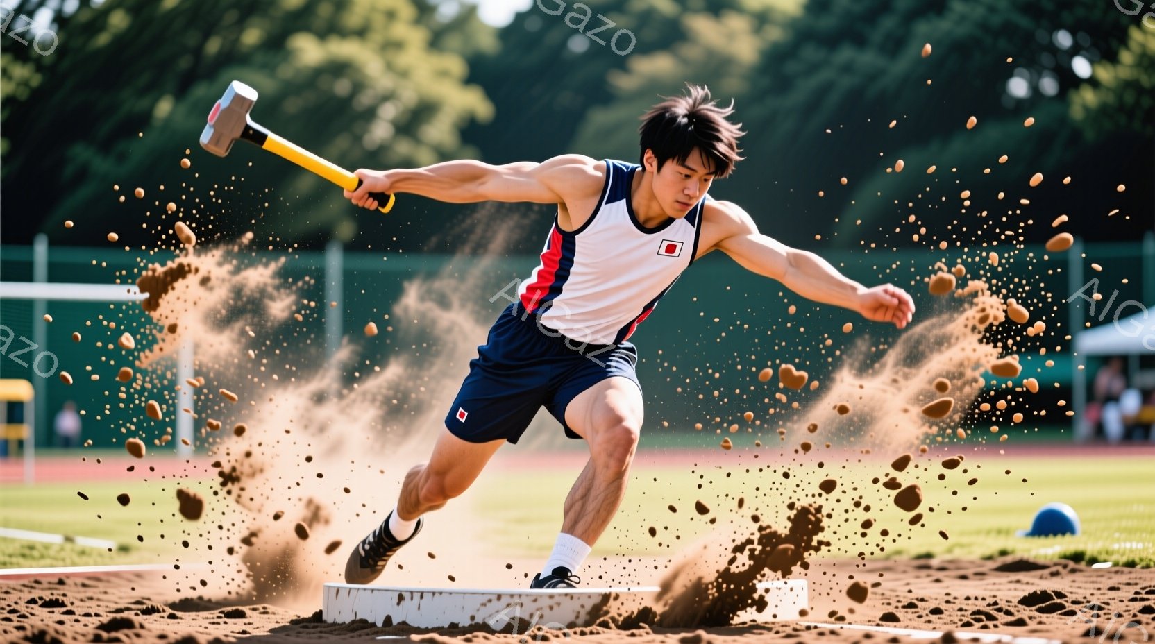 ハンマー投げの選手が、砂場に足を踏み入れ、力強くハンマーを振りかぶる瞬間を捉えた写真です。青と赤のラインが入った白いタンクトップと紺色の短パンを着用し、黒いヘアスタイルで集中した表情をしています。背景には緑の芝生と観客席が見え、晴天のもとで競技が行われている様子がわかります。