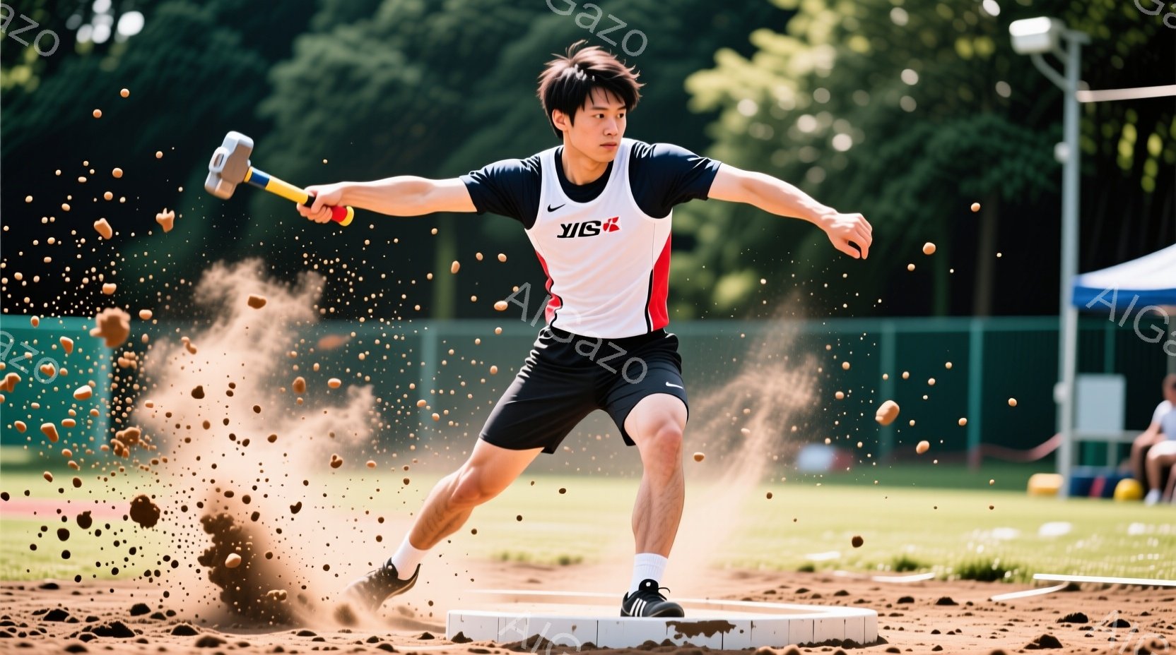 ハンマー投げの選手が、競技場内で力を込めてハンマーを振りかぶっている瞬間を捉えた写真です。黒い短髪で、白いシャツに黒い短パン姿の選手は、集中した表情で左足を大きく踏み出し、ハンマーを右手に握り、回転の準備をしています。背景には緑の芝生と木々が見え、晴天の下で活気のある競技が行われている様子が伝わります。