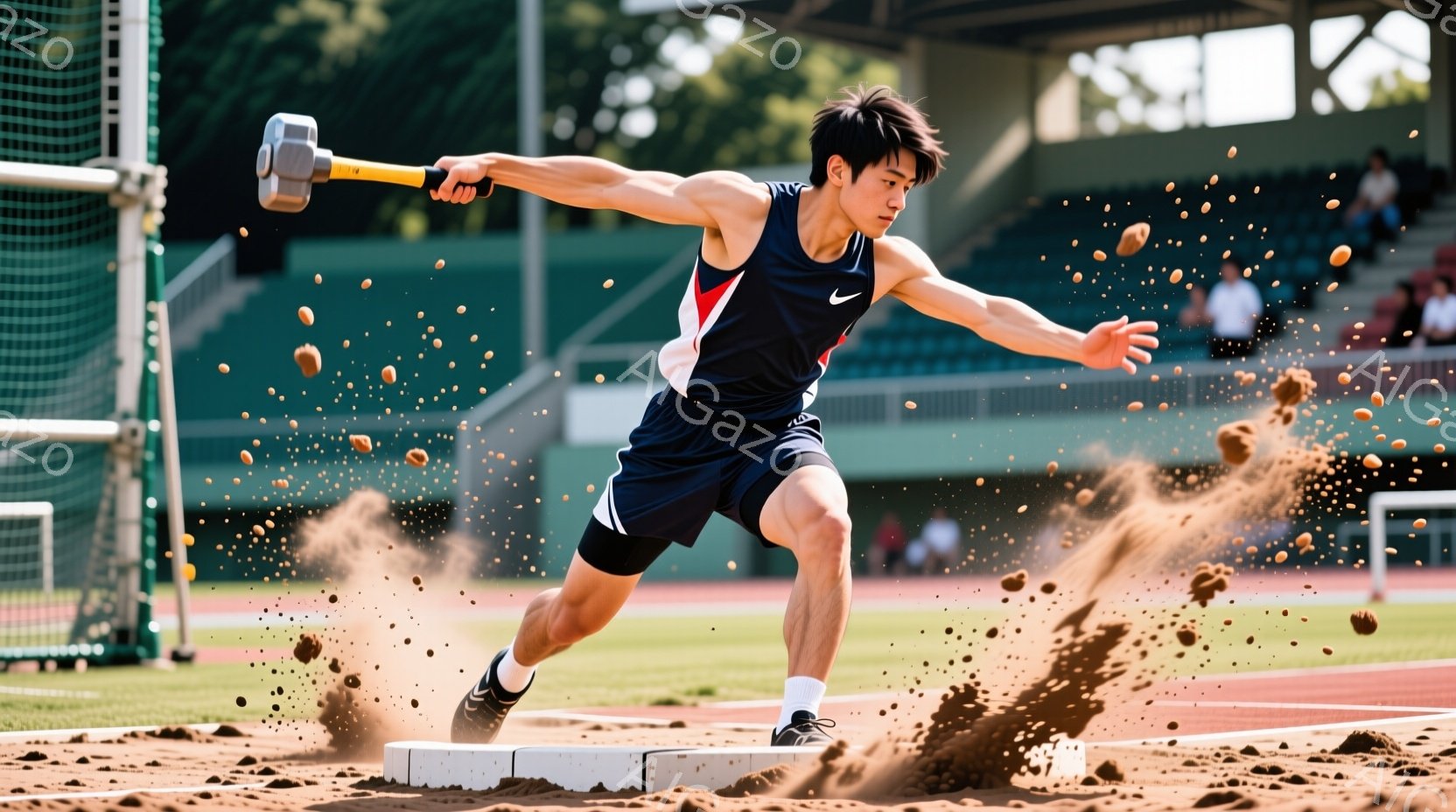 ハンマー投げの選手が、砂場の上で力強く回転している瞬間を捉えた写真です。紺色のタンクトップと黒いショーツ姿で、短髪の男性は集中した表情で、ハンマーを振りかぶっています。背景には緑の芝生と観客席が見え、 - AI生成フリー素材