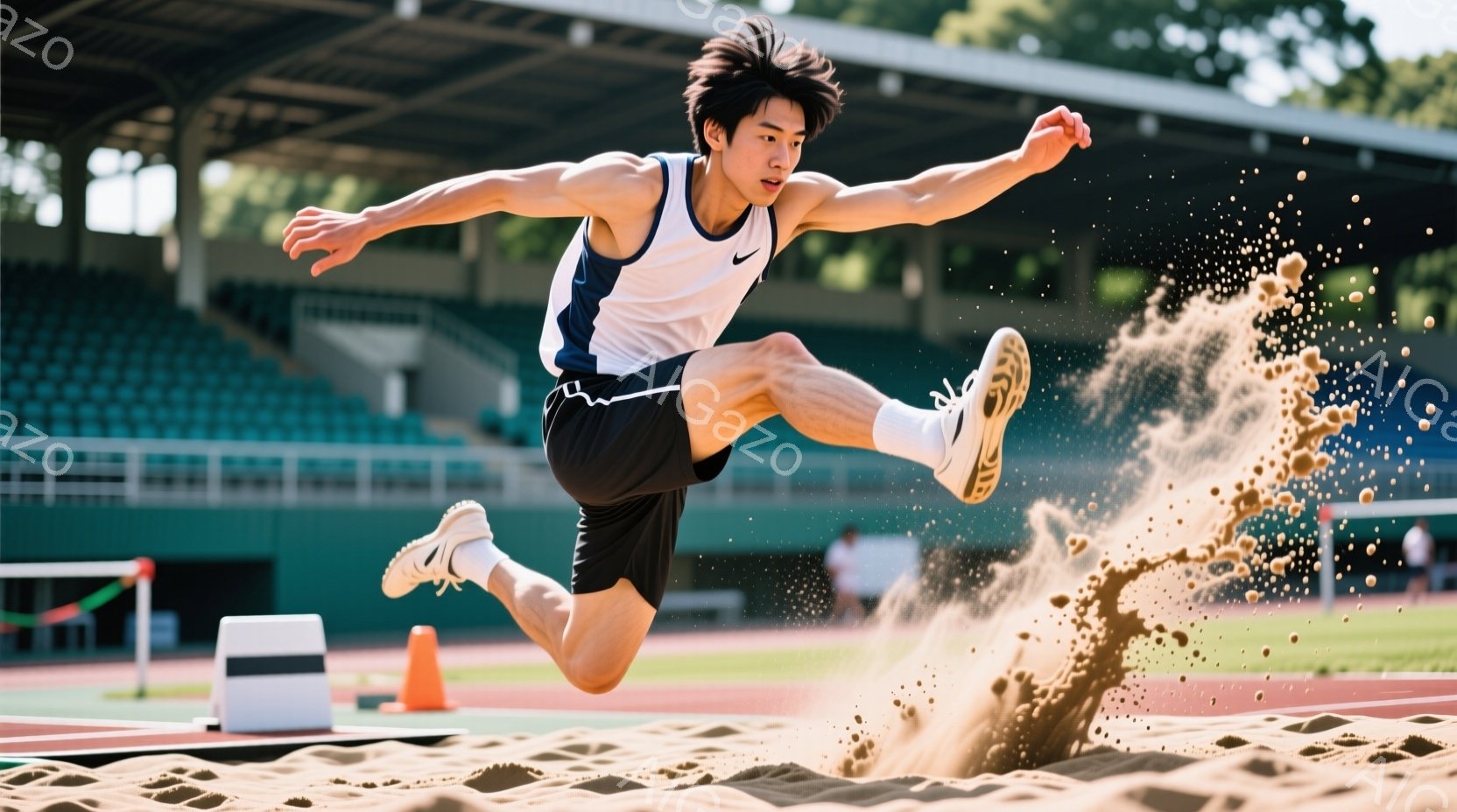 男子は、黒いショートパンツと白いタンクトップ姿で、陸上競技の砂場に飛び込んでいます。彼の髪は短く、顔には集中と決意が表れており、競技への真剣さが伺えます。背景には緑色の観客席と、晴れた日の屋外競技場が - AI生成フリー素材