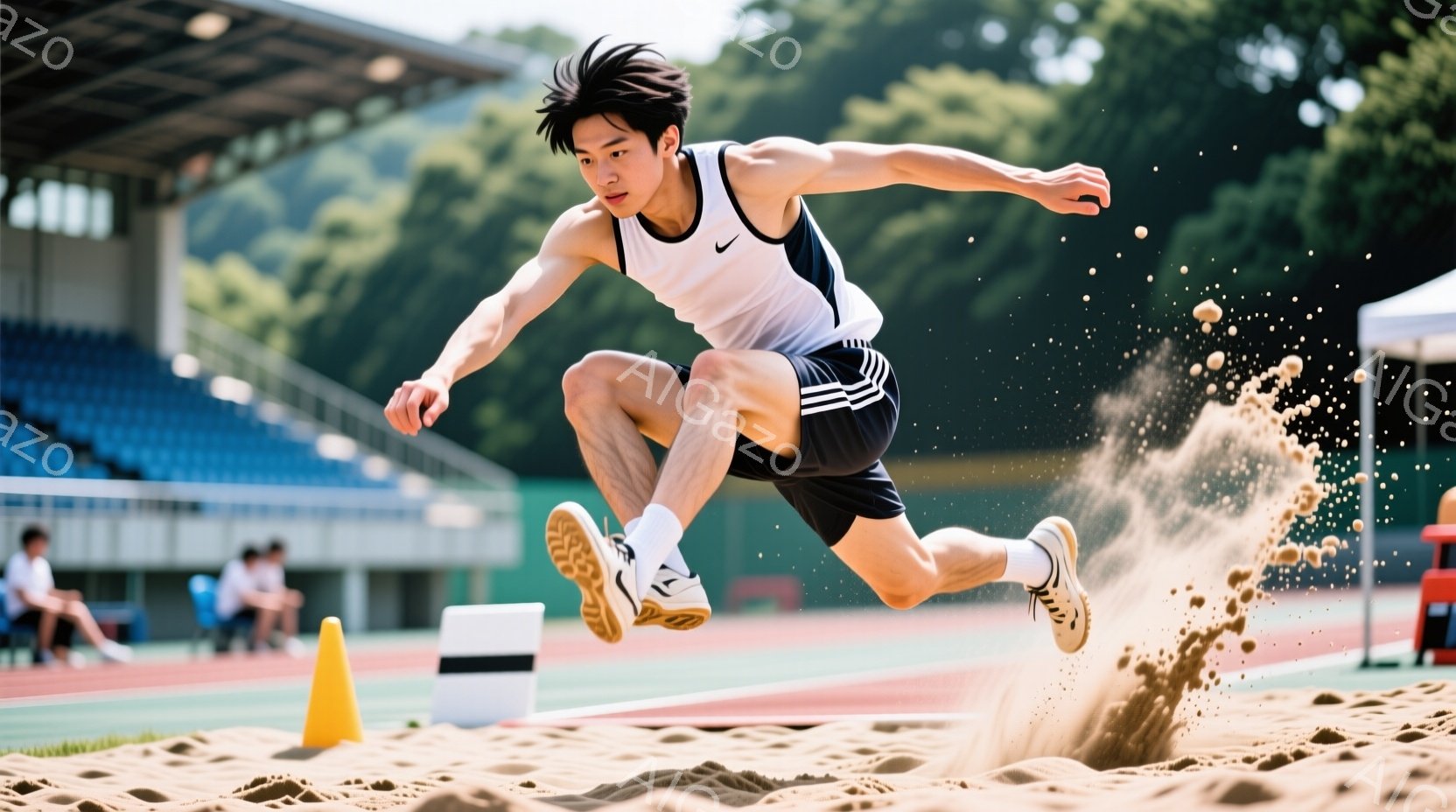 黒い陸上競技用ショーツと白いタンクトップを着た若い男性が、砂場を飛び越えているところだ。彼の髪は短く、表情は真剣で集中している。背景にはトラック、観客席、そして晴れた空が見え、競技場の活気ある雰囲気が伝わってくる。