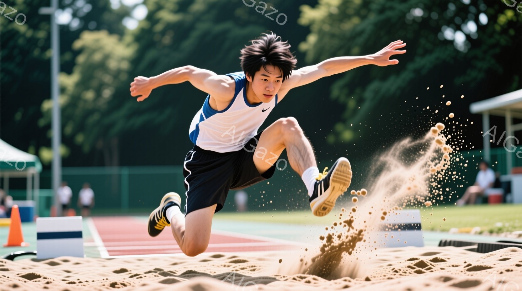 陸上競技の選手が、サンドピットへ飛び込む瞬間を捉えた写真です。黒髪で短く刈り込んだ選手は、白と青のタンクトップと黒の短パンを着用し、空中で体を大きく広げています。背景には緑豊かな木々やトラック、そして - AI生成フリー素材