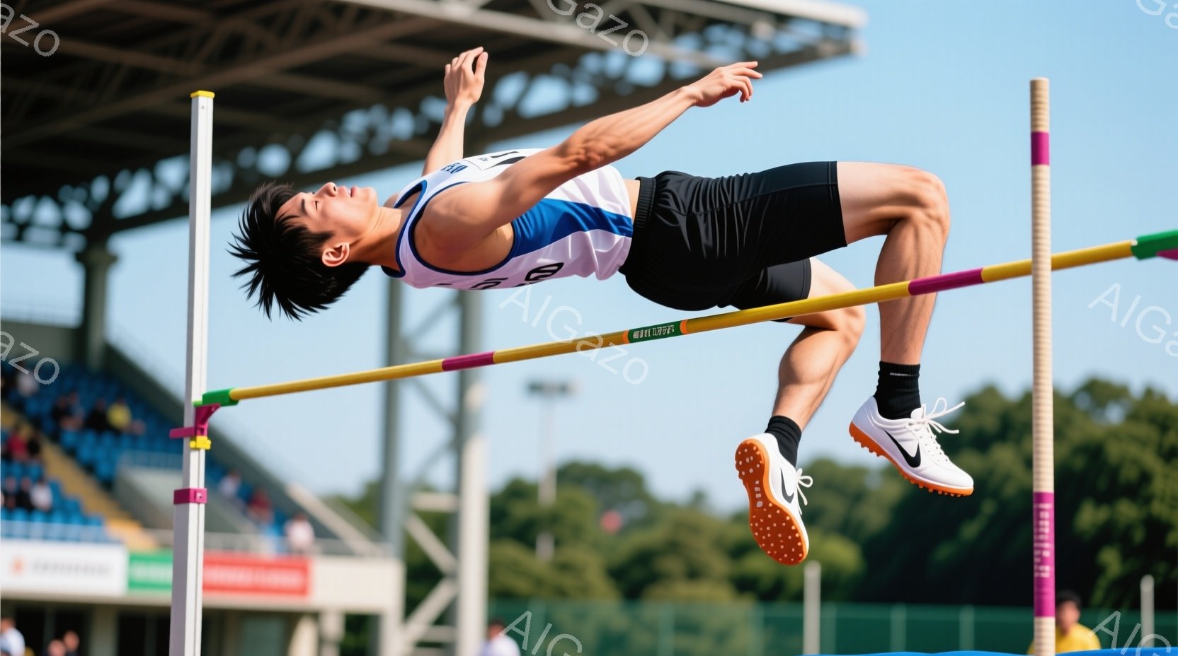 競技場にて高跳びを行う男性アスリートが写っている。彼は紺と白のストライプのシャツと黒の短パンを着用し、短髪で、空中での躍動感あふれる姿勢を見せている。背景には観客席や緑豊かな木々が見え、晴天の下、活気に満ちた競技会の雰囲気が伝わってくる。