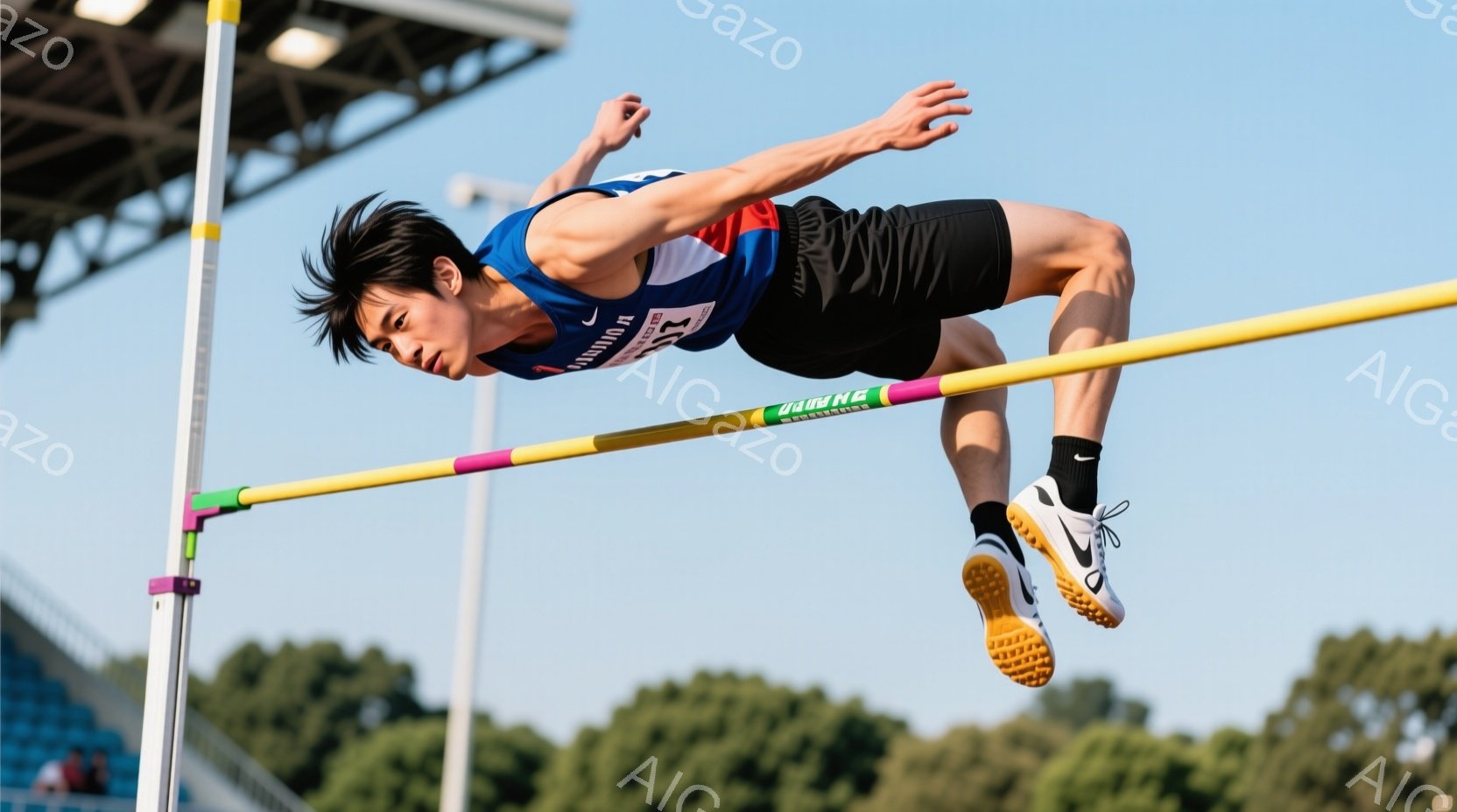 競技場で行われた陸上競技の男子走り高跳びの選手が、空気を切り裂くように飛び出す様子が見られる。彼はスパイクシューズを履いており、髪型や服装は一般的なスポーツ着である。走り高跳びの様子が明らかに伝わり、選手の全力での飛び出しを感じさせる印象的な写真となっている。