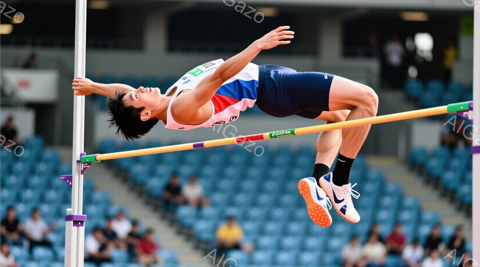 男子は高く跳び越えようとしています。彼は青、白、赤のストライプのユニフォームと黒いソックスとスニーカーを着用し、黒髪を短く切っています。背景には青い座席とぼやけた観客席があり、晴れた日の屋外競技場での活気ある雰囲気が漂っています。