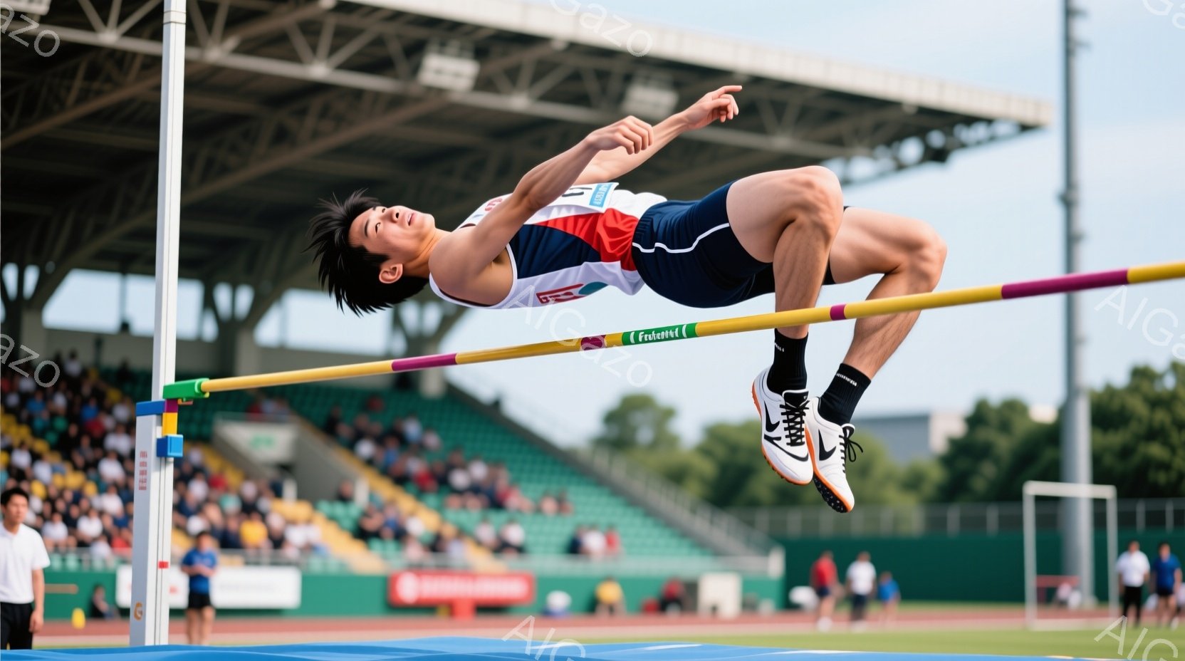 競技者は高くジャンプしており、競技用トラックのバーをクリアしようとしています。彼は青い短パンと赤いトリムのある白いシャツを着ており、黒いソックスとスニーカーを履いています。背景には観客席が見え、晴れた空の下、緑豊かな自然とトラックが広がっています。