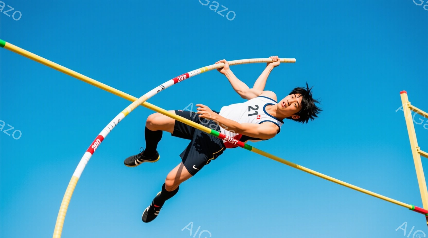 競技者は高く跳び、バーを越えようとしているところです。黒髪で、黒と白の競技着、そして赤い靴を履いています。青い空と競技場のバーが背景にあり、活気に満ちた運動の瞬間を捉えています。