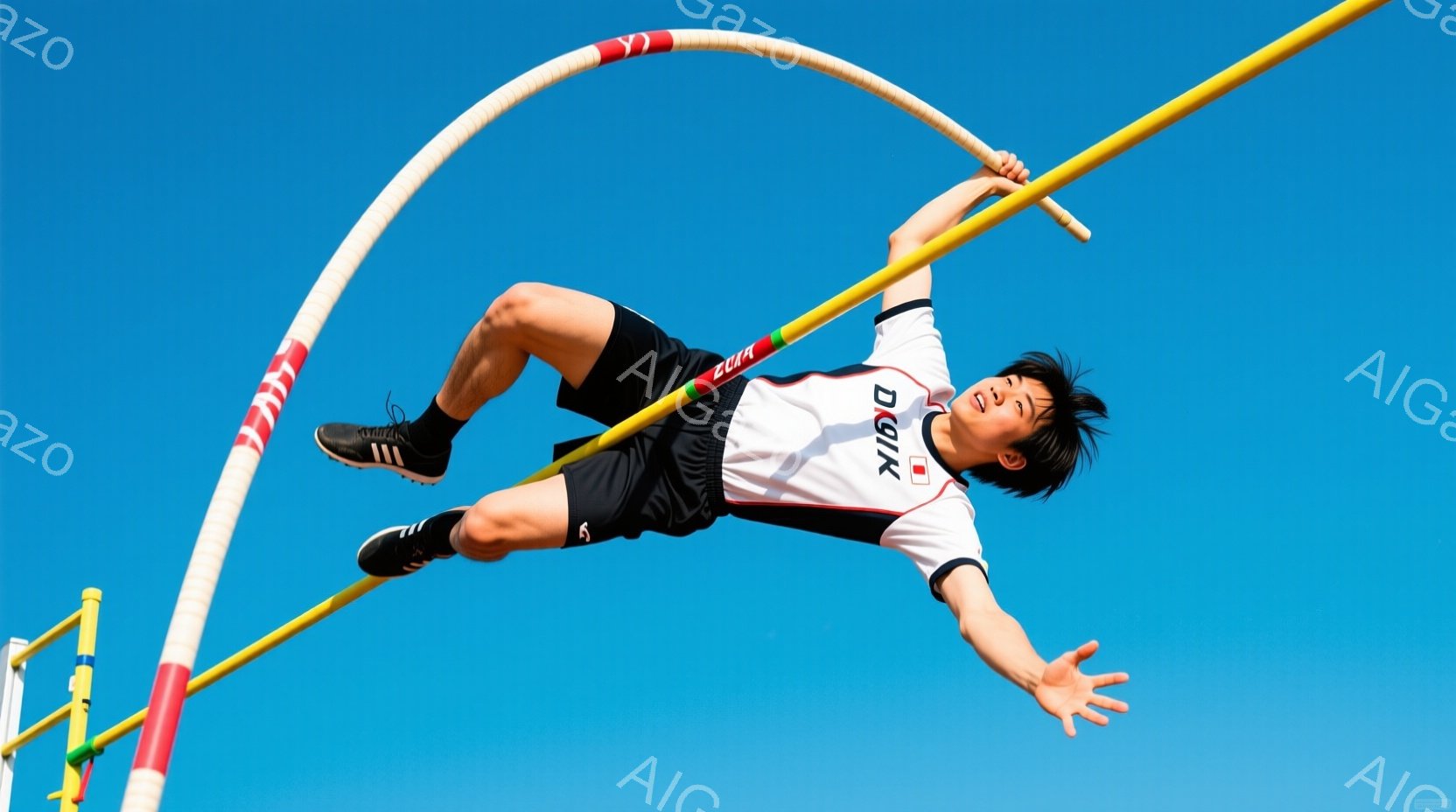 競技者が高く跳び越えようとしている瞬間を捉えた写真です。黒い短パンと白い半袖シャツを着用し、空中で体を大きく広げ、バーをクリアしようとしています。青空を背景に、運動場のトラックと他のバーがわずかに見え、躍動感あふれる夏の雰囲気を醸し出しています。