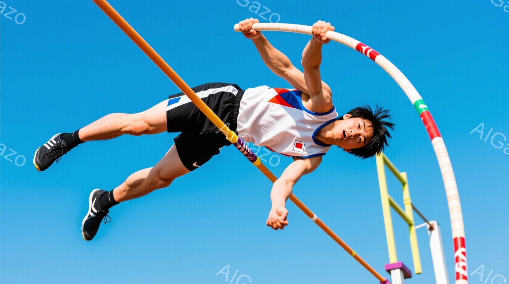競技者は高く跳び上がり、バーをクリアしようとしている。黒い短パンと白いシャツ（赤と青のストライプ入り）を着用し、引き締まった体格をしている。背景は晴れた青空で、競技場のポールと支柱がわずかに見える。