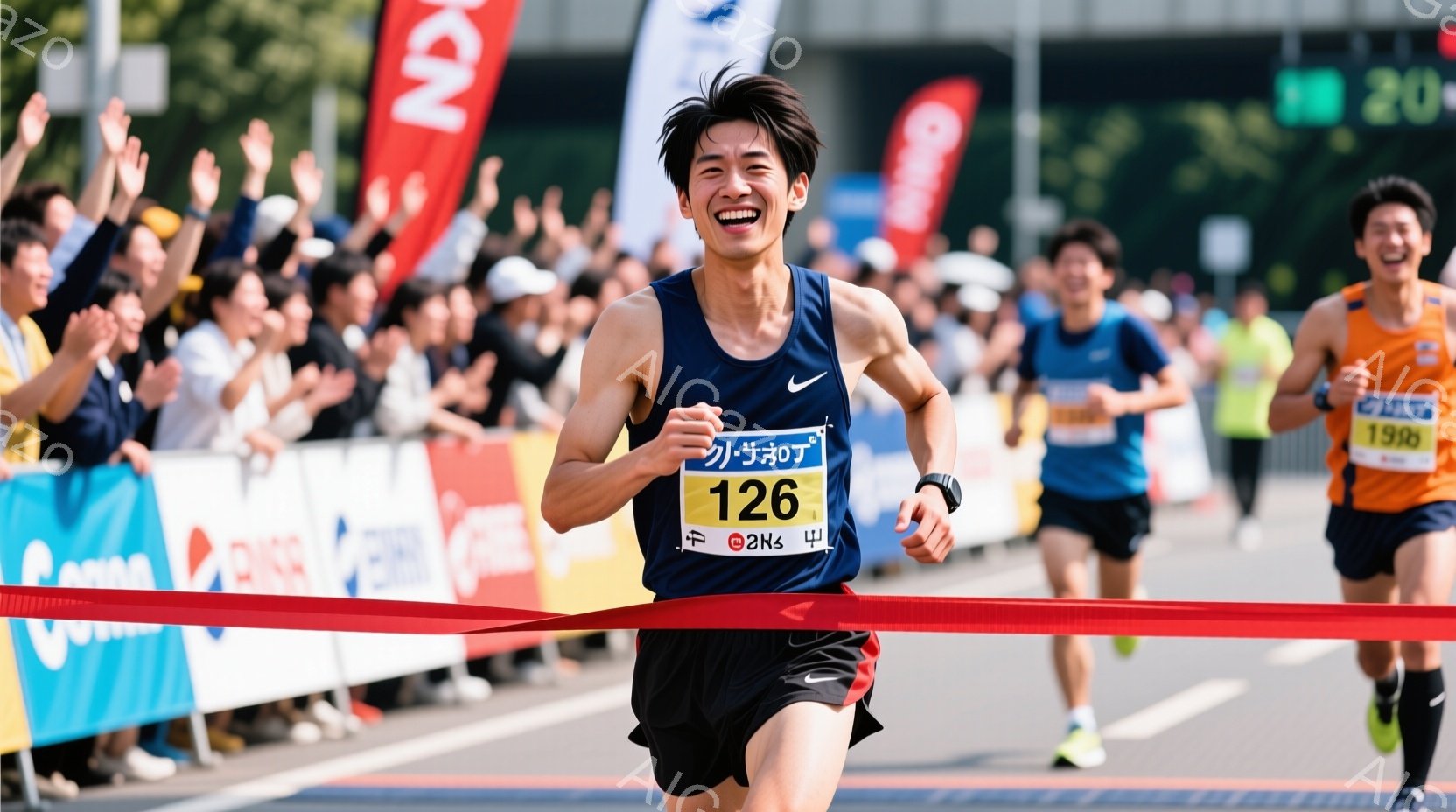 マラソンのゴールテープを切る男性ランナーが写っている。彼は黒いタンクトップと黒いショートパンツを着用し、額には汗が光っている。背景には観客席と高層ビルが見え、晴天の下、活気に満ちたレースの雰囲気が伝わってくる。