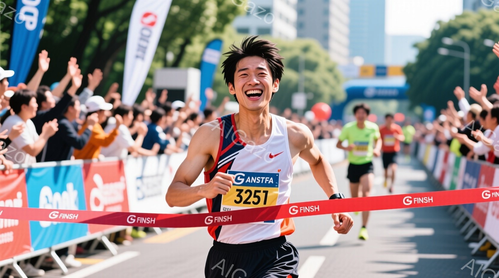 マラソンのゴールテープを切る男性ランナーが写っている。彼は白いシャツに黒いショートパンツ姿で、額には汗をかき、満面の笑みを浮かべている。背景には、観客席と緑豊かな木々、そして高層ビルが見え、晴天の下、活気に満ちた雰囲気を感じさせる。