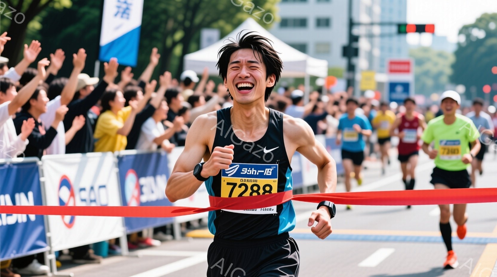 マラソンのゴールテープを切る男性ランナーが写っている。彼は黒のタンクトップとショーツ、赤いリストバンドとソックスを身に着け、額には汗が光り、力強い表情でゴールを目指している。背景には観客席と沿道の観客、そして緑豊かな木々が見え、晴天の下、熱気あふれるマラソンの雰囲気が伝わってくる。