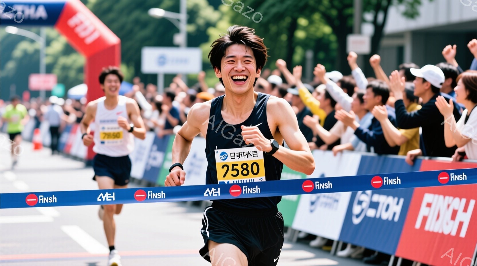 競技者がフィニッシュラインを駆け抜けている写真です。彼は黒のランニングシャツと短パンを着用し、胸には「2580」と書かれたゼッケンをつけています。背景には観客席が広がり、多くの人々が彼を応援しています。