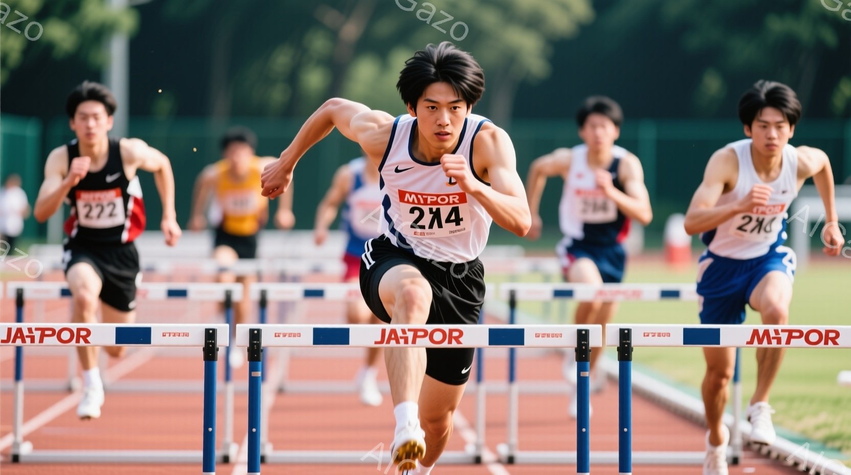 複数の若い男性たちが、青い陸上トラックでハードル走をしている様子が写っている。先頭を走る選手は黒のユニフォームと短髪で、集中した表情でハードルを飛び越えようとしている。背景には観客席らしきものが見え、 - AI生成フリー素材