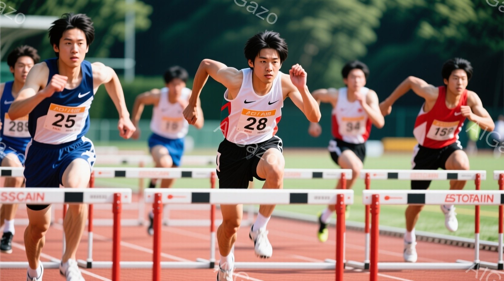 競技場を舞台に、複数の若い男性がハードル走をしている様子が写っている。彼らはそれぞれ異なる色のスポーツウェアを着用し、集中した表情でハードルを飛び越えようとしている。背景には緑豊かな木々が見え、晴れた - AI生成フリー素材