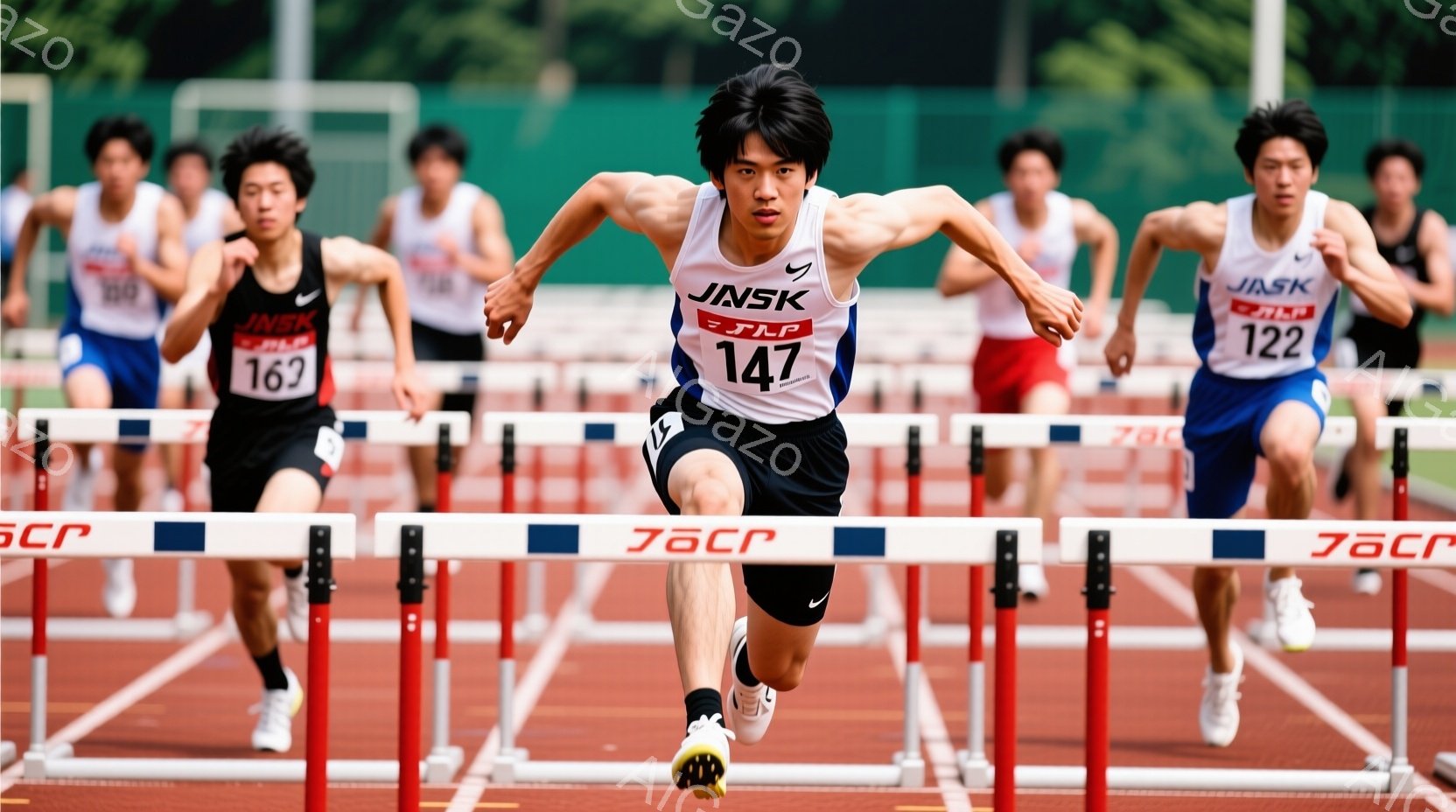 複数の若い男性がトラックのハードル走競争に参加している様子が写っている。彼らは黒い短パンと白いTシャツを着ており、それぞれ背中に異なる番号が書かれている。背景には緑の木々と赤いトラック、そして晴天の空が見え、競技の活気と爽やかな雰囲気が感じられる。