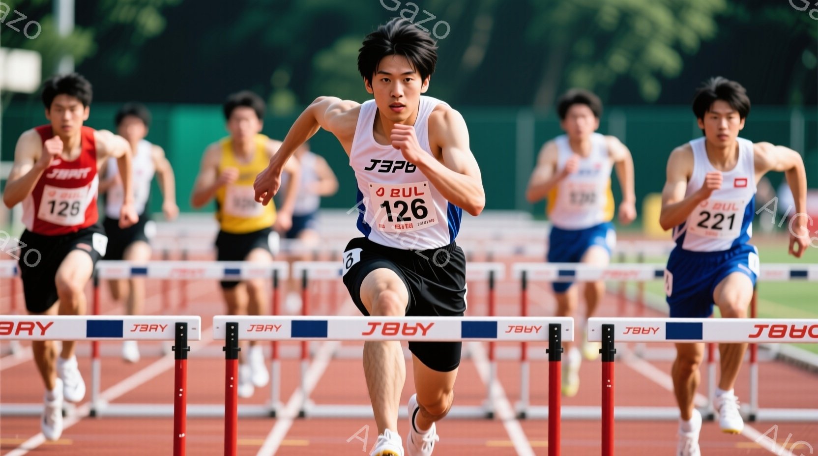 競技場を走る複数の男性ランナーが写っている。彼らはそれぞれ異なる色のランニングウェアを着用し、ハードルを飛び越えようとしている。背景には緑豊かな木々と青空が見え、晴天の下での競技が行われている様子が伺える。