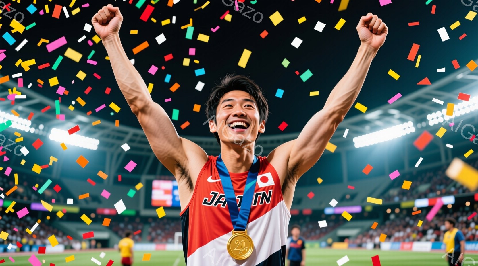 競技場で勝利を祝う若い男性アスリートが写っている。彼は日本代表のユニフォームを身につけ、首には金メダルが輝いている。満面の笑みを浮かべ、両腕を高く上げて勝利を喜び、背景には観客席と夜空が広がり、紙吹雪が舞っている。