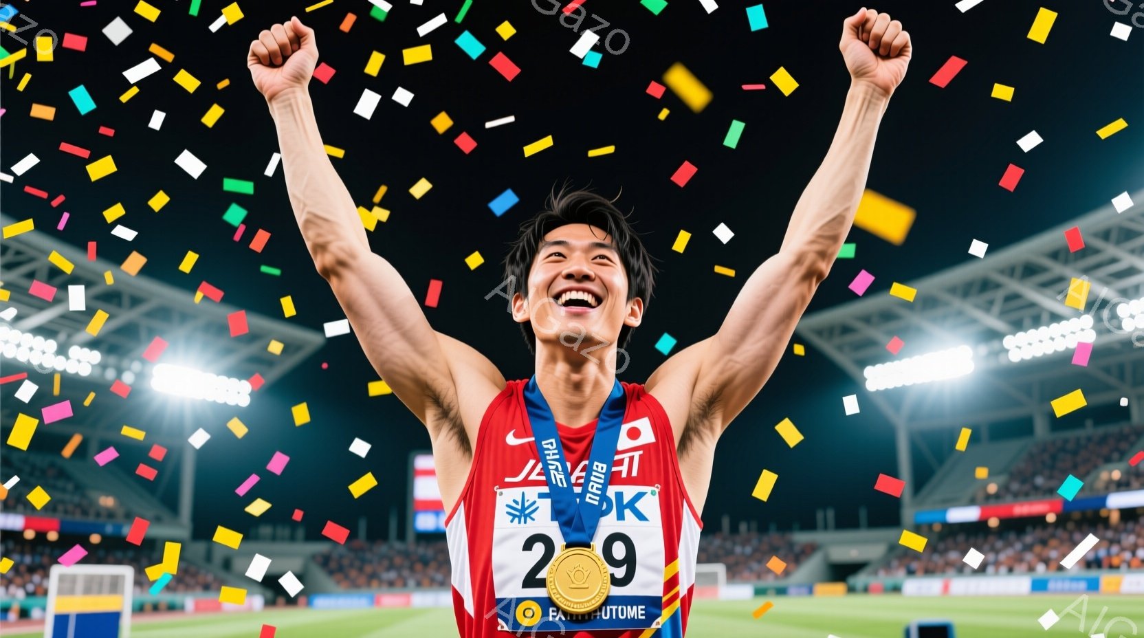 競技場を背景に、日本のユニフォームを着た若い男性が両手を高く上げて歓喜しています。彼の表情は喜びにあふれ、髪は短く整えられています。背景には観客席と夜空が広がり、カラフルな紙吹雪が舞い散る様子から、勝利の瞬間を捉えた活気のある雰囲気を感じられます。