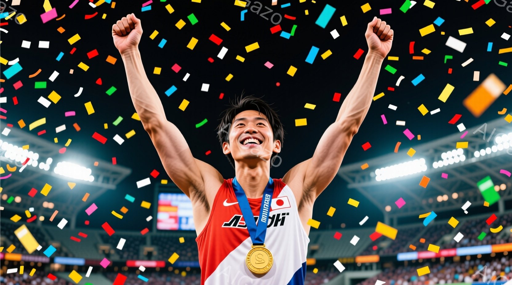 競技場の中央で、日本代表のユニフォームを着た若い男性が両手を高く上げ、金色のメダルを首にかけて勝利を喜んでいます。彼は黒髪で、笑顔を見せ、興奮と達成感に満ちた表情をしています。背景には観客席と照明がぼやけており、カラフルな紙吹雪が舞い、祝賀的な雰囲気を盛り上げています。