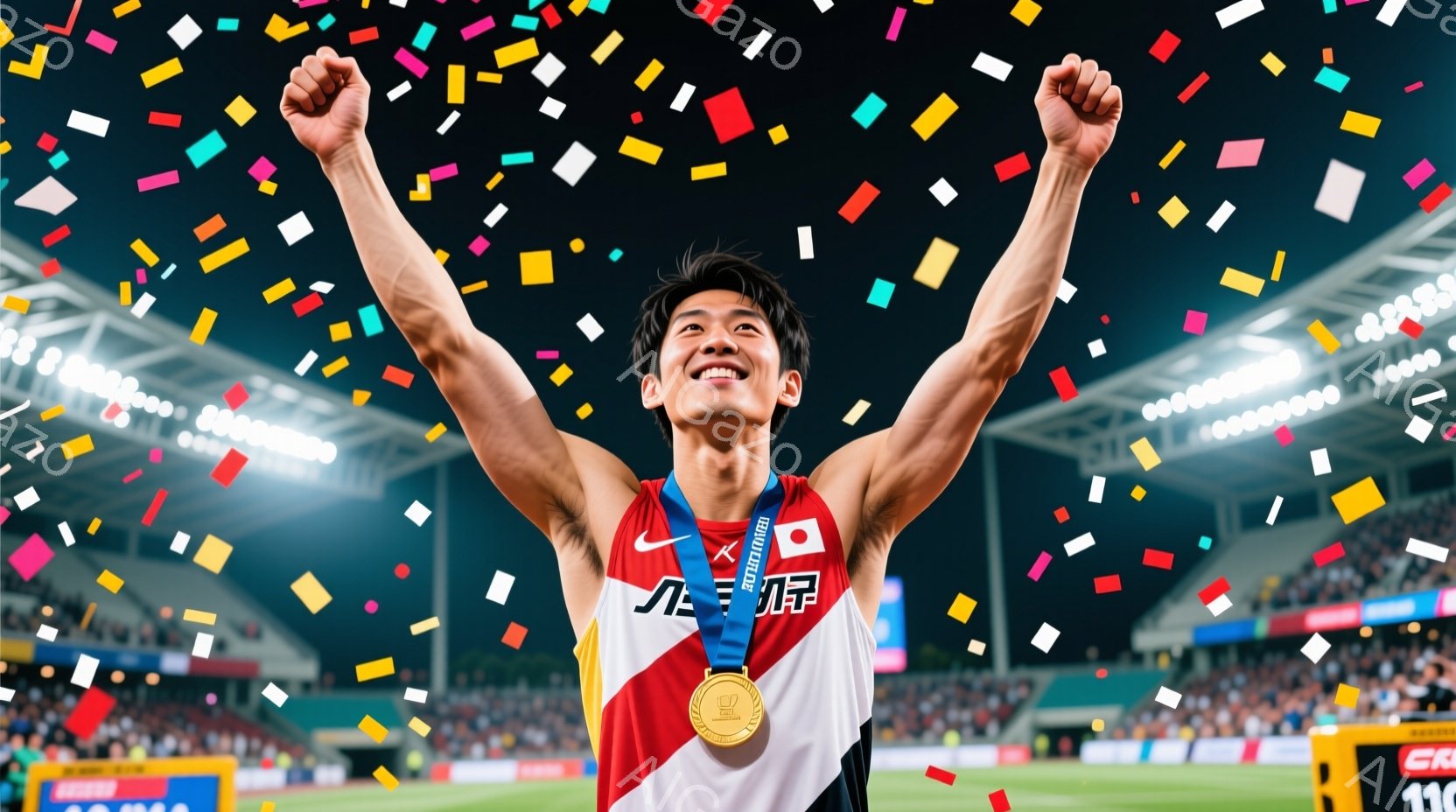 競技場で両手を高く挙げ、勝利を喜ぶ日本の男性アスリートを捉えています。彼は赤いユニフォームに青い帯、そして金メダルを首にかけており、黒髪を短く整えています。背景には観客席と夜空が広がり、金色の紙吹雪が舞い、高揚感と祝賀ムードを盛り上げています。