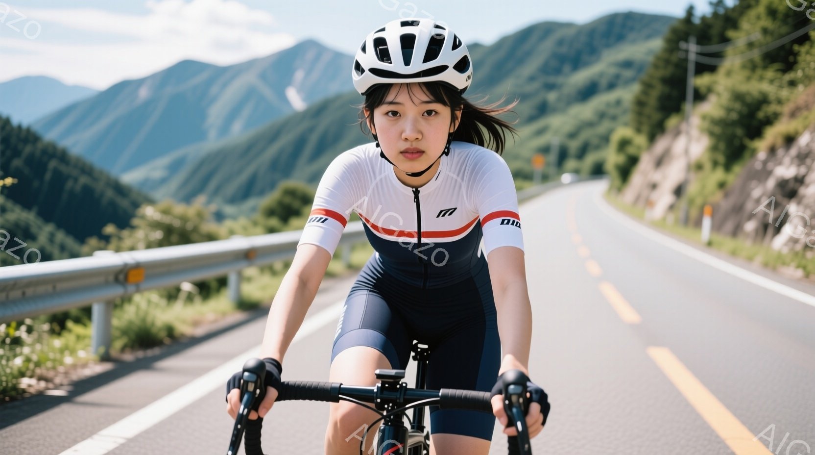 サイクリストの女性が、山道でロードバイクに乗っている写真です。彼女は白いシャツに青いショーツ姿で、ヘルメットを着用し、真剣な表情でハンドルを握っています。背景には緑豊かな山々と、曲がりくねった道路が広 - AI生成フリー素材