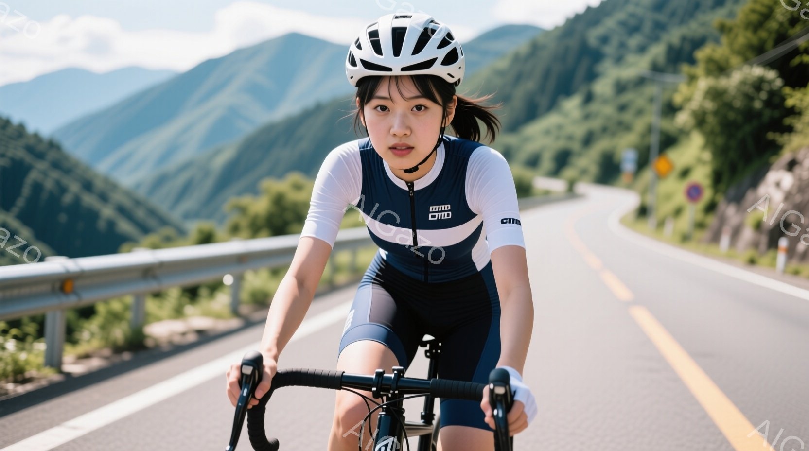 女性は、白い上着と紺色のショートパンツのサイクリングウェアを着て、ヘルメットをかぶってロードバイクに乗っている。彼女は少し険しい表情で前方をじっと見つめ、ハンドルをしっかりと握り、集中してサイクリングを楽しんでいるようだ。背景には、緑豊かな山々と曲がりくねった道が広がり、晴天の下、爽やかなサイクリングロードが描かれている。