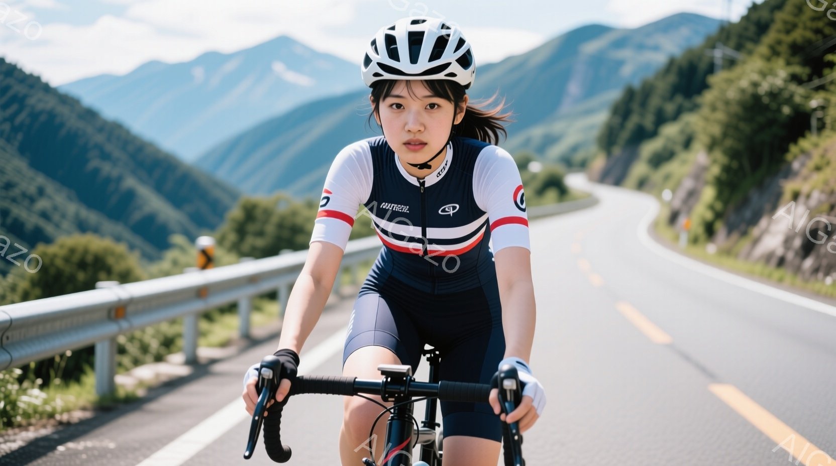 ロードバイクに乗る女性が写っています。彼女は紺と白のストライプのサイクルウェアとヘルメットを着用し、ポニーテールで髪を結んでいます。背景には、緑豊かな山々と曲がりくねった道が広がり、晴天の下、爽やかなサイクリングを楽しんでいる様子が伝わってきます。