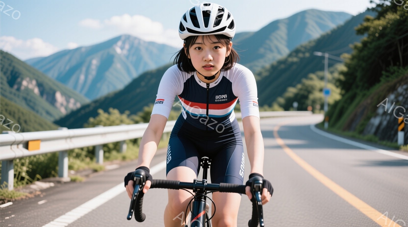 サイクリングウェアに身を包んだ女性が、山の曲がりくねった道路を自転車で走行している。彼女はヘルメットを着用し、前かがみの姿勢でハンドルを握り、真剣な表情をしている。背景には緑豊かな山々が広がり、晴天の - AI生成フリー素材