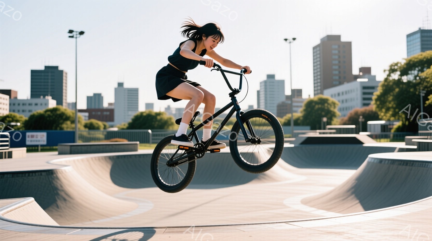 黒いヘアスタイルで、黒いトップスとショーツを身に着けた女性が、スケートパークのハーフパイプで自転車に乗っている。彼女は自転車を空中で操り、片足を上げてバランスを取っている。背景には建物と緑があり、晴れ - AI生成フリー素材