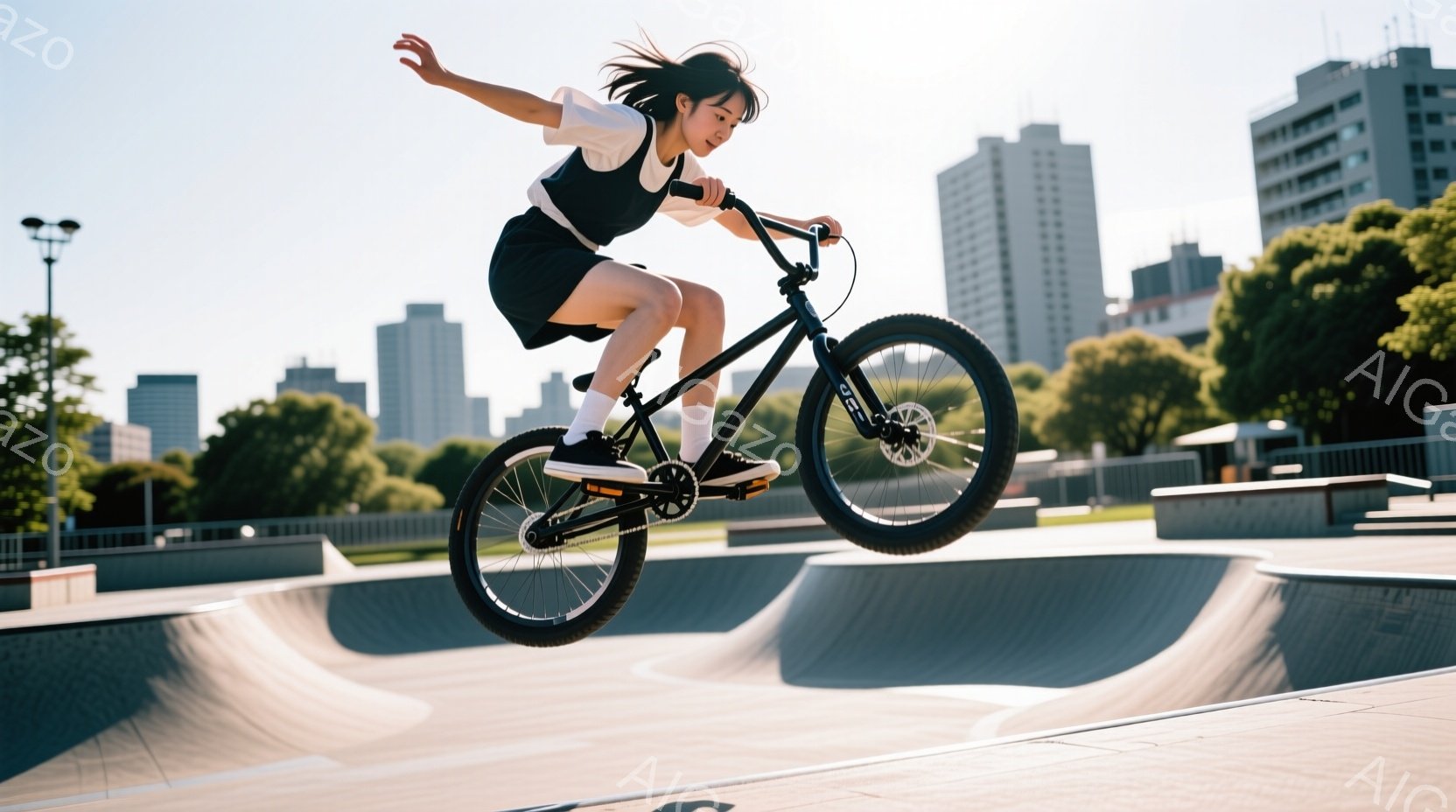 黒い自転車でランプの上を飛び越える若い女性が写っている。彼女は白いTシャツと黒いショートパンツを着ており、髪はポニーテールに結ばれている。背景には、現代的な建物と緑豊かな木々が見え、晴れた空の下、活気に満ちた雰囲気を感じさせる。