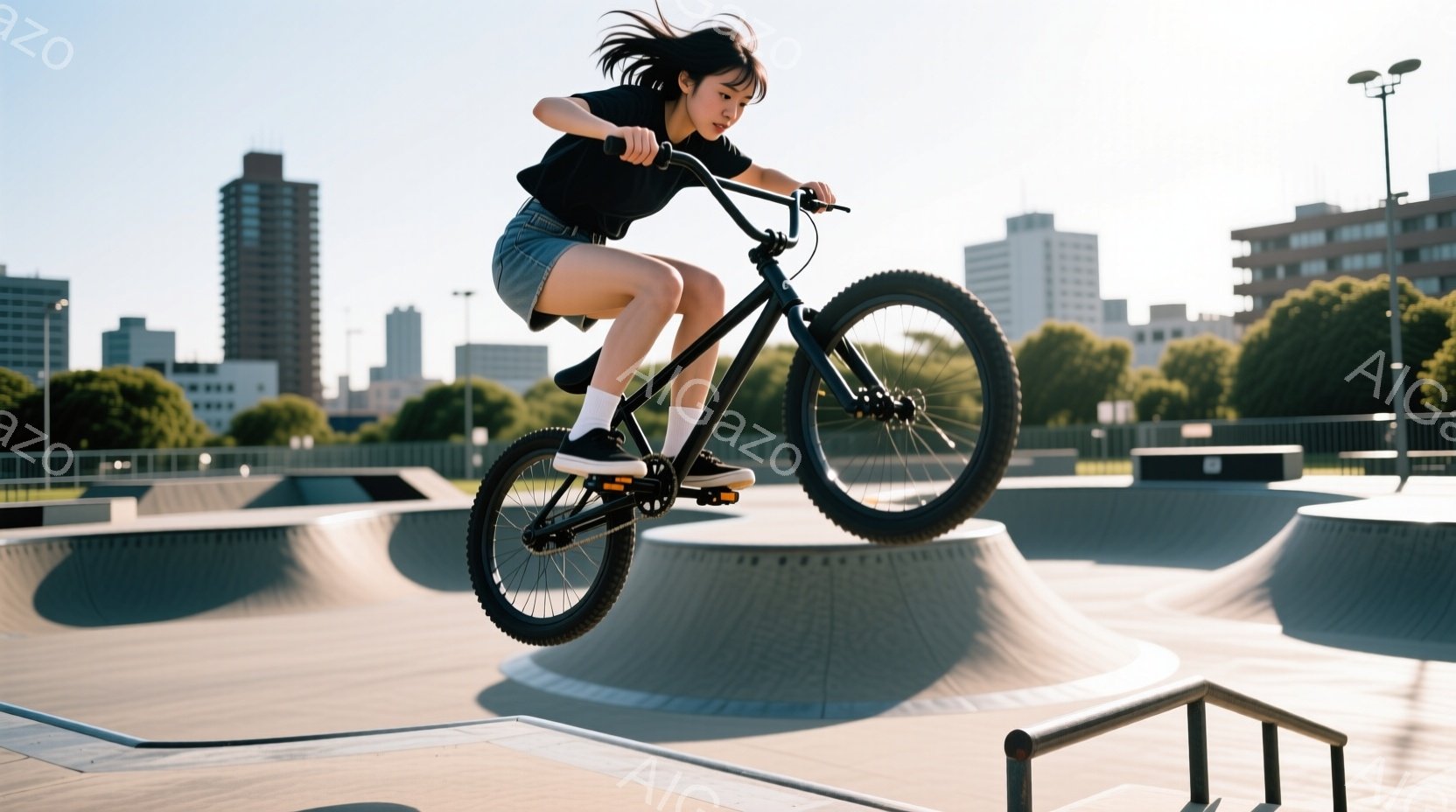 スケートパークで自転車のトリックを行う若い女性が写っている。彼女は黒いTシャツと短いデニムのショートパンツ、白い靴下を履いており、髪はポニーテールに結ばれている。背景にはコンクリートのランプと手すり、遠くには建物や木々が見え、晴天の空の下、活気ある雰囲気が漂っている。