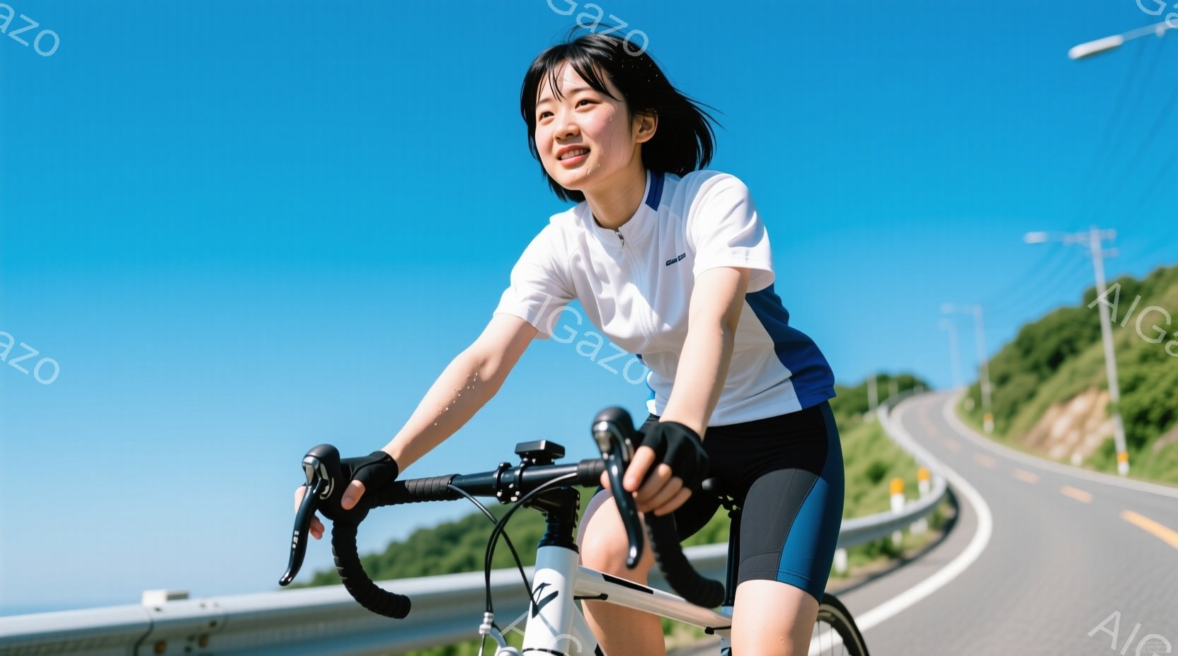 この女性は、明るい青空の下、ロードバイクに乗って丘道を登っている。白い半袖シャツと紺色のショートパンツ姿で、表情は笑顔で活き活きとしている。背景には緑豊かな丘陵地帯と、遠くに見える海が広がり、晴れた日の爽やかなサイクリングを楽しんでいる様子が伝わってくる。