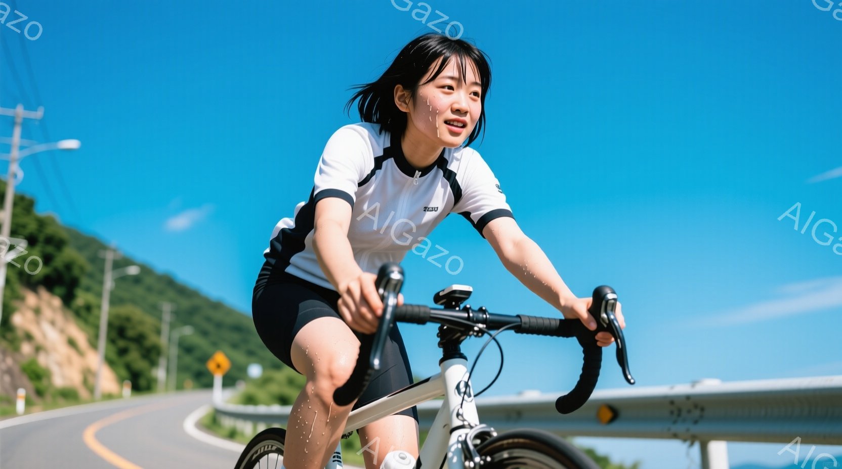 道路を自転車で走る女性が写っています。彼女は黒いショートパンツと白いサイクリングジャージを着ており、ポニーテールにしています。晴れた日の緑豊かな山々と青い空が背景に広がっており、活気に満ちた爽やかな雰囲気が感じられます。