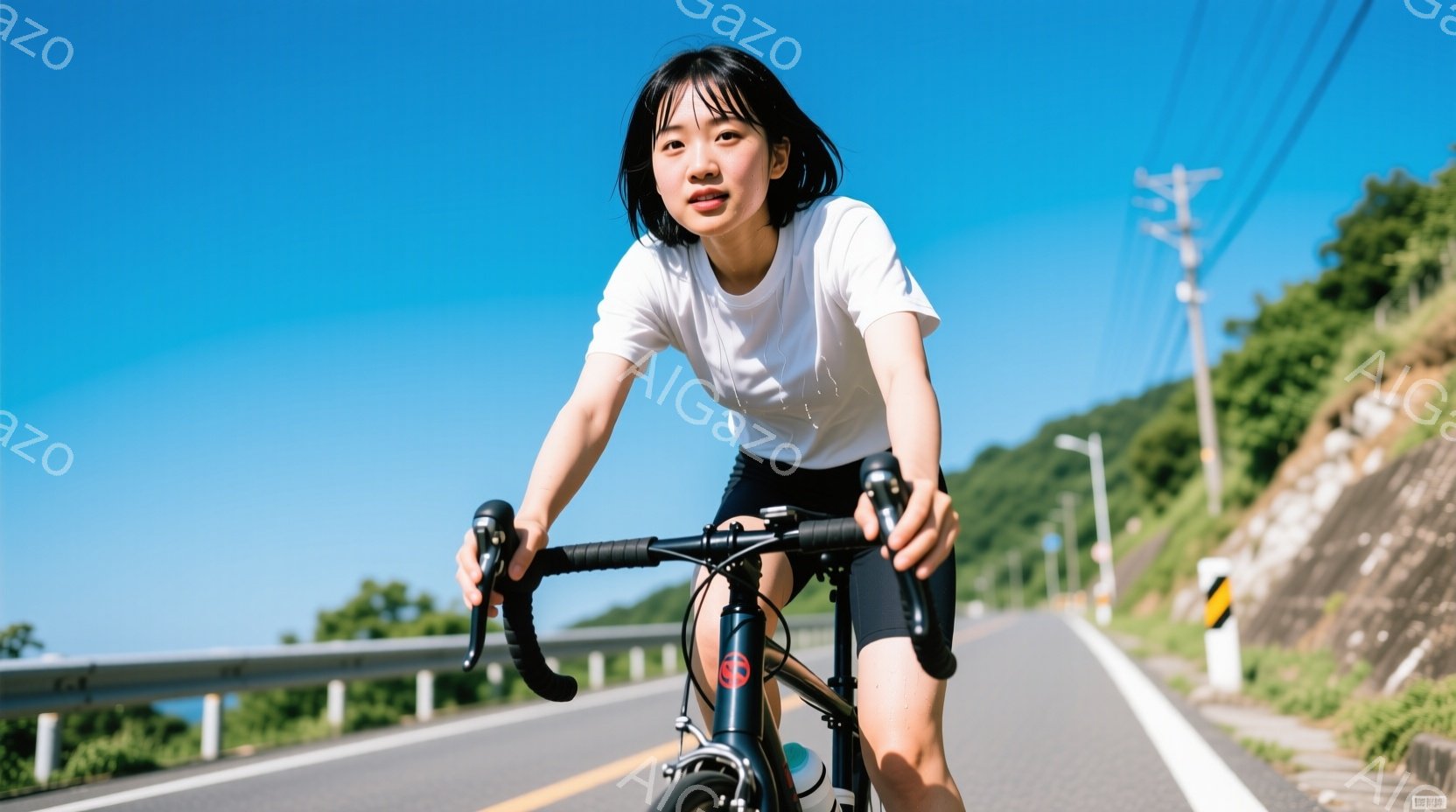 紺色のロードバイクに乗った女性が、アスファルトの山道を疾走している。白いTシャツと黒のサイクリングショーツを身につけ、短髪を少し無造作にした彼女は、やや前傾姿勢でハンドルを握り、真剣な表情で前を見つめている。背景には緑豊かな山々と青空が広がり、晴天の下、爽やかなサイクリングを楽しんでいる様子が伝わる。