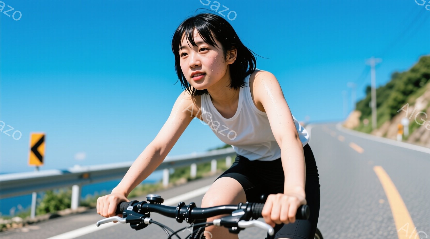 少女が自転車に乗り、海の景色を見つめる。白シャツとキャンバスパンツを着て、姿勢は前向きで一本足だけを使用している。晴れた日で、明るく鮮やかな海が背景になっています。