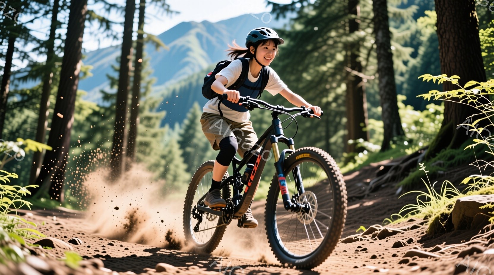 女性は山道をマウンテンバイクで走行している様子が写っています。彼女はヘルメットとサングラスを着用し、明るい色のTシャツとショーツ姿で、背中に小さなバックパックを背負っています。背景には緑豊かな森林と、霞んだ山々が広がり、晴れた日のアウトドアアクティビティの活気を感じさせます。